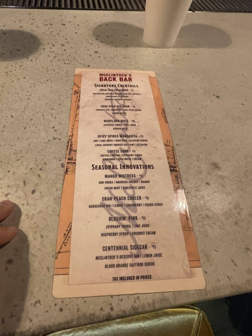 Mcclintocks Back Bar Menu