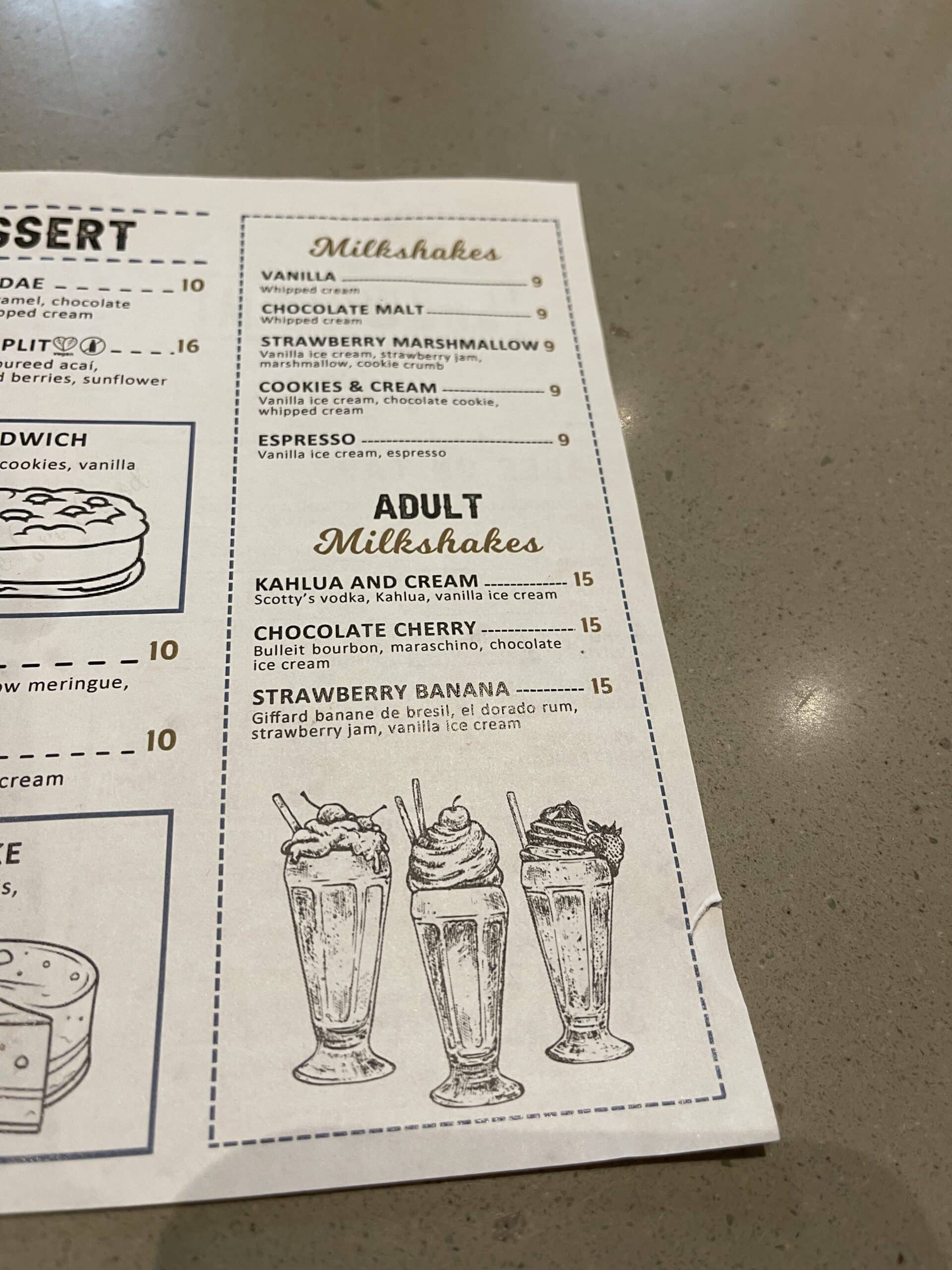 Showroom Frederick Milkshake Menu