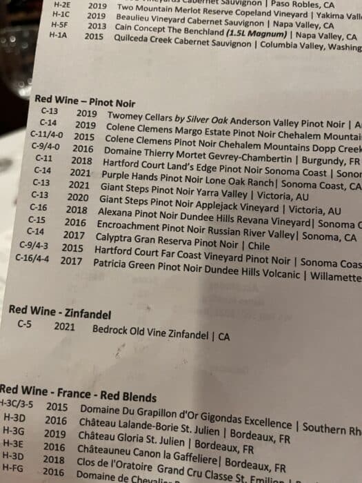 Wilcom Inn Wine Menu