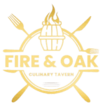 Gold Logo for Fire  Oak Culinary Tavern One of the Best Bars in Frederick Features a Barrel with a Flame on Top Encircled by a Ring Crossed Fork and Knife Form an X Behind the Circle with the Restaurant Name in Bold Small Caps Below