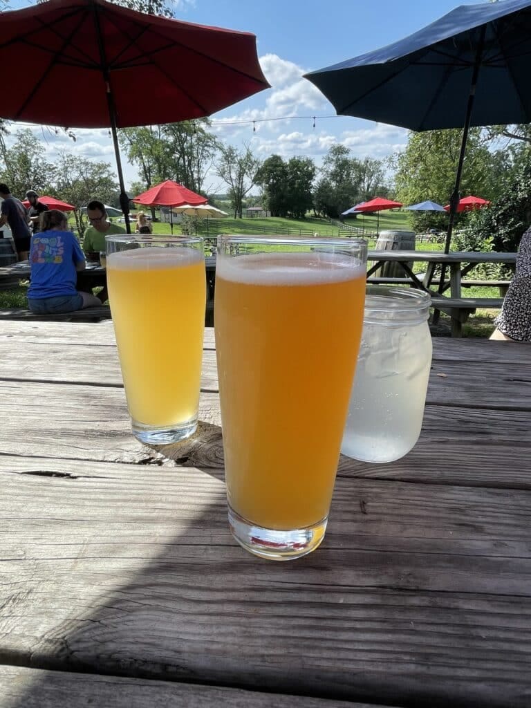 Waredaca Brewing Company Maryland Two Tall Glasses of Hazy Yellow Beer Sit on a Weathered Wooden Picnic Table Outdoors in Mt Airy Md Next to a Small Glass Jar of Water in the Background People Relax Under Red and Blue Umbrellas with Green Trees and a Partly Cloudy Sky