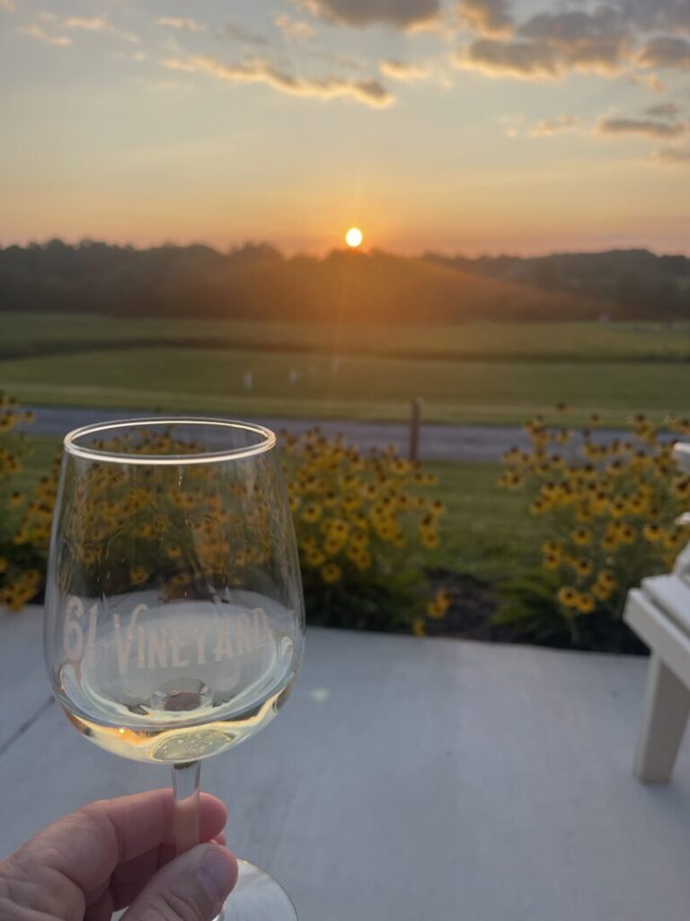 61 Vineyards Damascus Maryland a Hand Holds a Glass of White Wine with 6 Vineyard Etched on It Yellow Flowers and Green Fields in New Market Md Stretch Beyond a Patio While the Sun Sets Behind Low Hills and Scattered Clouds Creating a Warm Tranquil Atmosphere