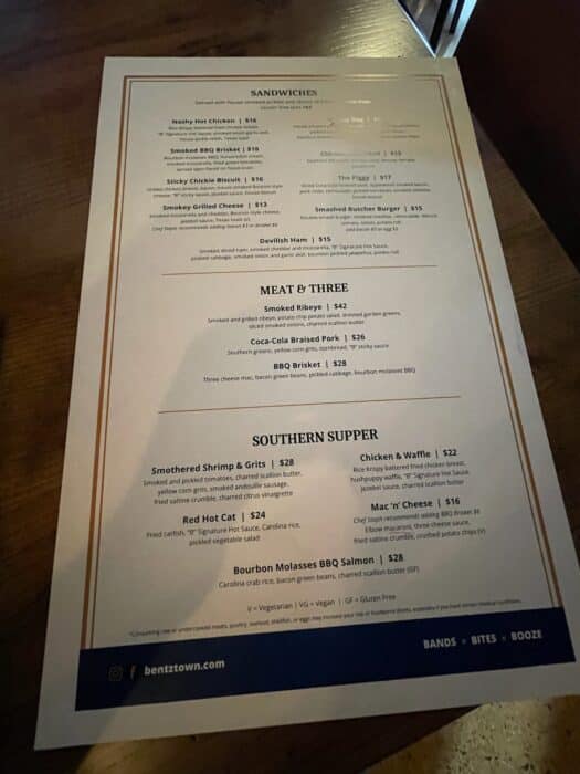 Bentztown menu