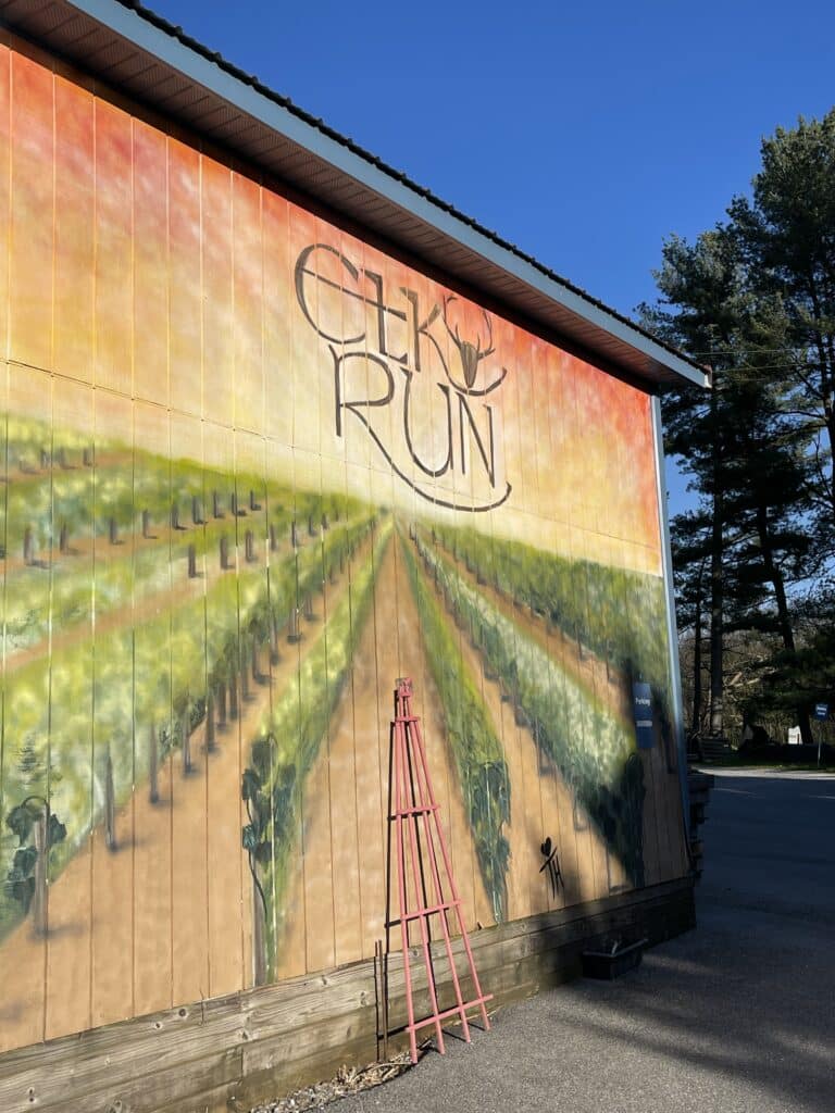 Elk Run Vineyards Near Frederick a Mural on a Building in Mt Airy Md Shows Rows of Grapevines Stretching into the Distance Below a Warm Orange Sky Elk Run is Painted at the Top with an Elk Antler Motif a Red Metal Ladder Leans Against the Wall Trees and Blue Sky Behind