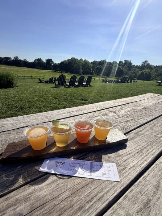 Beer Flight on a Wooden Table with a Sunny Park and Adirondack Chairs in the Background in the Foreground Are Five Small Cups on a Paddle