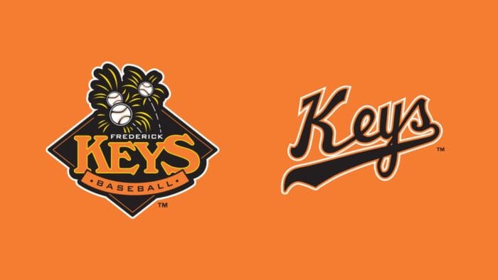 Two Frederick Keys Baseball Logos on an Orange Background Left Frederick Keys Baseball with Flying Keys and Baseballs Right Stylized Cursive Keys Both Logos in Team Colors Celebrate the Excitement of the Upcoming Frederick Keys Schedule