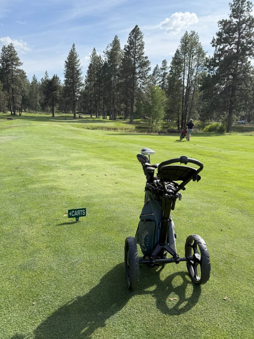 a Golf Push Cart with a Bag Stands on Green Grass Near a Small Sign Reading Carts with an Arrow Tall Pine Trees Border the Golf Course and a Golfer with a Pull Cart is Seen in the Distance Under a Blue Partly Cloudy Sky a Golf Push Cart with a Bag Stands on Green Grass Near a Small Sign Reading Carts with an Arrow Tall Pine Trees Border the Golf Course and a Golfer with a Pull Cart is Seen in the Distance Under a Blue Partly Cloudy Sky