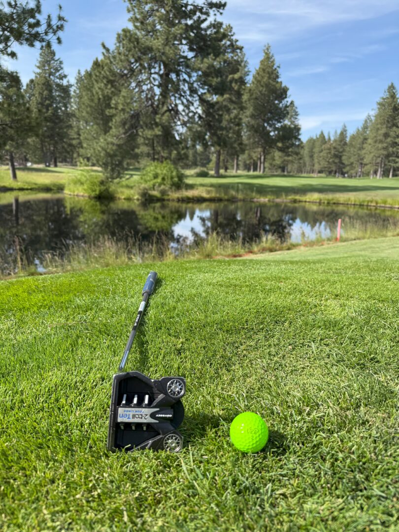 a Golf Putter and a Bright Green Golf Ball Rest on Grass Near a Pond with Tall Pine Trees and a Clear Blue Sky in the Background Creating a Scenic Golf Course Setting a Golf Putter and a Bright Green Golf Ball Rest on Grass Near a Pond with Tall Pine Trees and a Clear Blue Sky in the Background Creating a Scenic Golf Course Setting