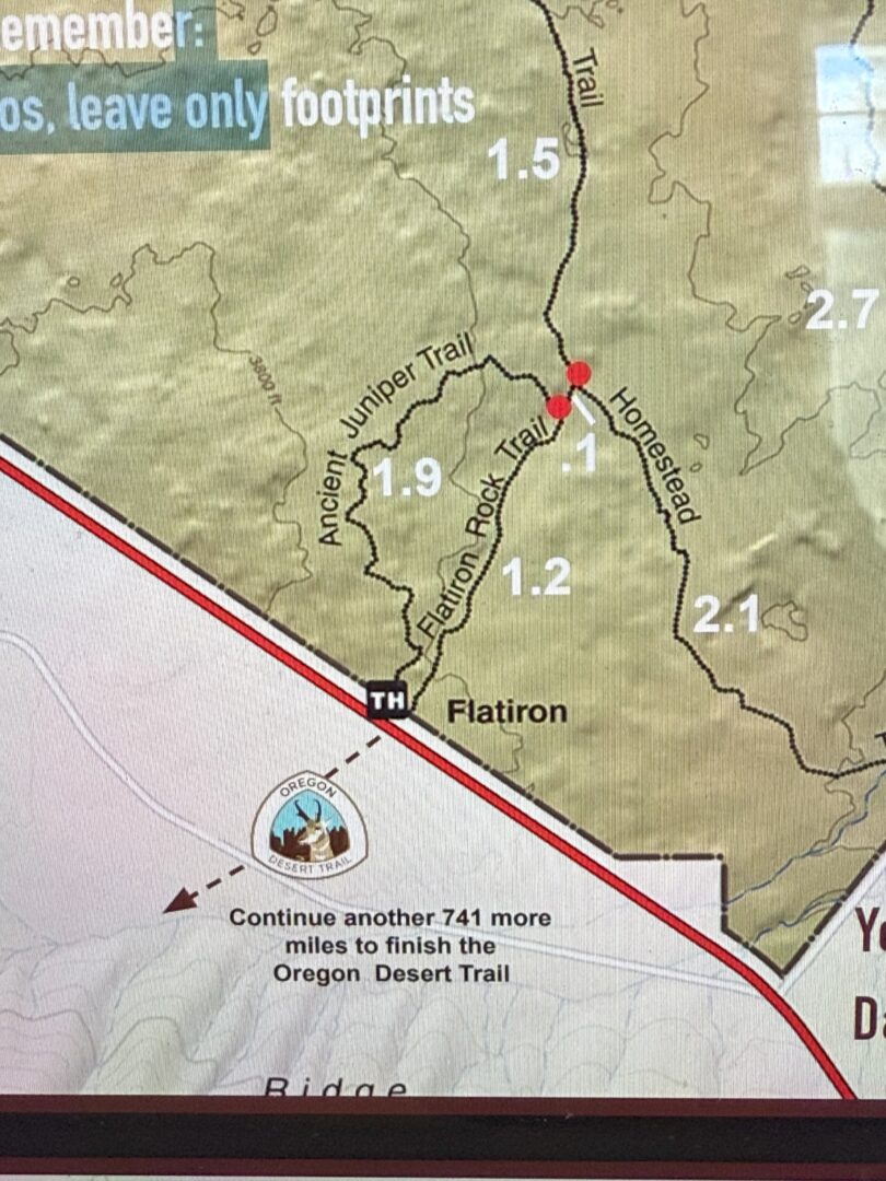 a Section of a Trail Map Shows the Flatiron Area with Labeled Trails Ancient Juniper Trail 19 Miles Flatiron Rock Trail 12 Miles and Homestead Trail 21 Miles a Note Says Continue Another 741 More Miles to Finish the Oregon Desert Trail a Section of a Trail Map Shows the Flatiron Area with Labeled Trails Ancient Juniper Trail 19 Miles Flatiron Rock Trail 12 Miles and Homestead Trail 21 Miles a Note Says Continue Another 741 More Miles to Finish the Oregon Desert Trail