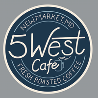 5westcafe Logo a Circular Logo with a Dark Blue Center and Cream Border It Reads 5 West Cafe in Large Script Features a Steaming Coffee Cup and Highlights New Market Md Along with Fresh Roasted Coffee