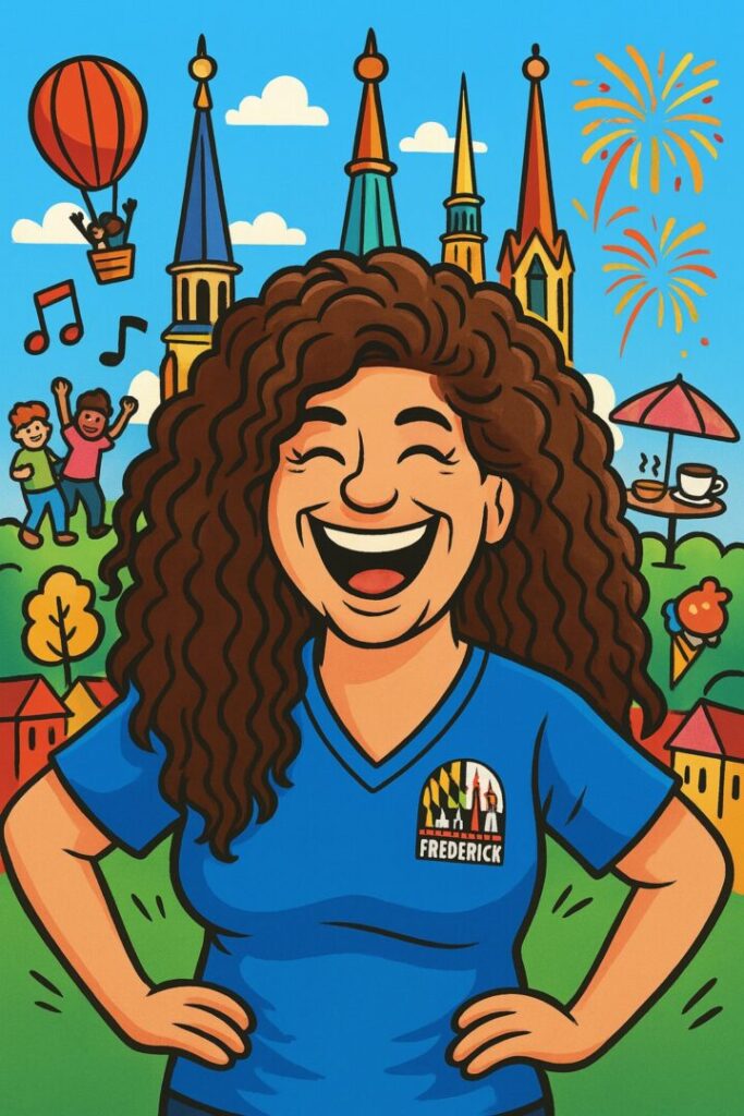 Dani Gurrie Everything Frederick Live 2 a Smiling Woman with Curly Hair and a Blue Frederick Shirt Stands in a Colorful Park As Fireworks Music Notes and Crowds Capture the Festive Spirit of an Everything Frederick Live Community Event