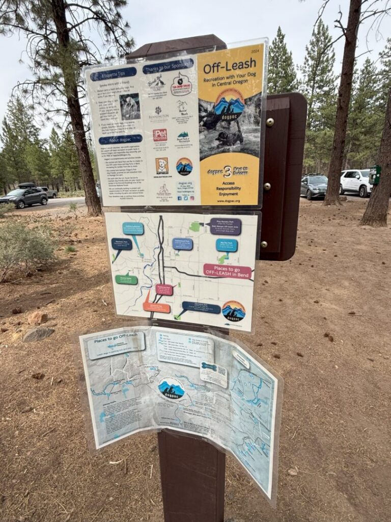 A wooden signboard in a forested parking area displays three maps and informational posters about off-leash dog recreation and the Rimrock Trail in Central Oregon, with tall pine trees, parked cars, and dry, brown soil in the background.