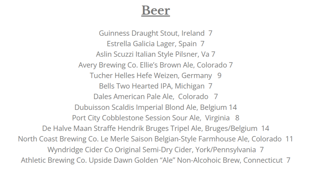 Market table bistro beer menu a Beer Menu at Market Table Bistro Lists 12 Beers and Ciders by Type Location and Price Options Include Stouts Lagers Ipas Ciders and a Non alcoholic Ale from the Us and Europe Ranging from to