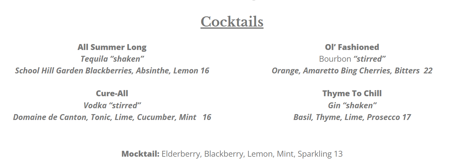 Market table bistro cocktail menu the Cocktails Menu at Market Table Bistro Features Four Signature Drinksall Summer Long Ol Fashioned Cure all and Thyme to Chillplus a Refreshing Elderberry Blackberry Lemon Mint Sparkling Water Mocktail Prices and Details Are Listed