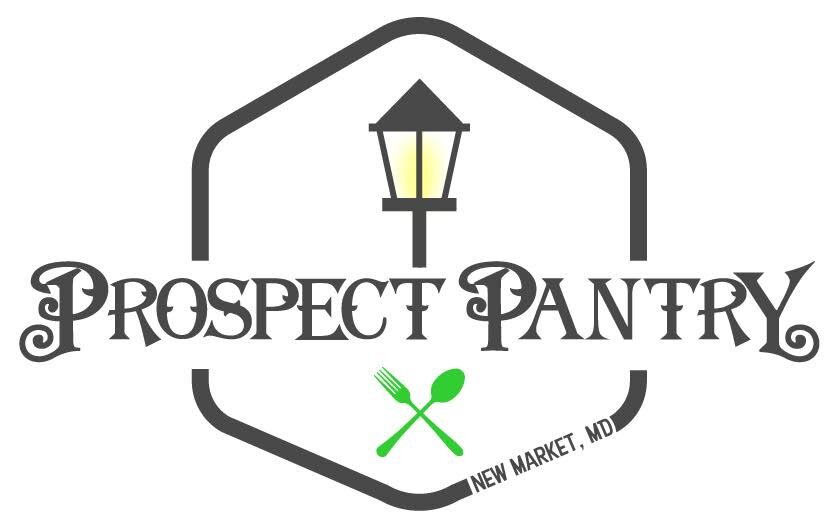 Prospect Pantry Logo a Hexagonal Logo Featuring a Black Street Lamp with a Yellow Glow Above the Stylized Text Prospect Pantry Below a Green Fork and Spoon Cross over Each Other Highlighting New Market Md Along the Lower Right Edge