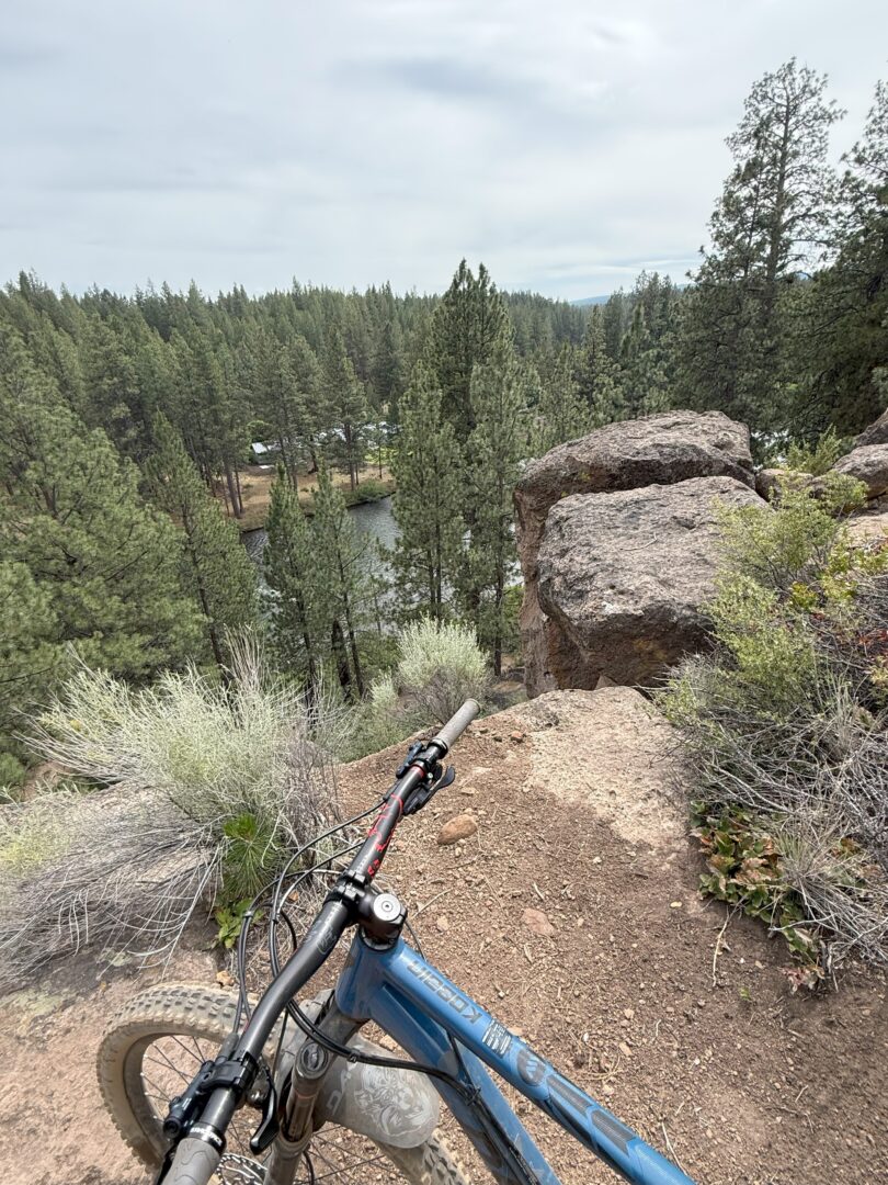 A mountain bike rests on Rimrock Trail at the edge of a rocky cliff, overlooking a forest of tall pine trees and a small river below. The sky is overcast, with bushes and shrubs lining the trail in the foreground.