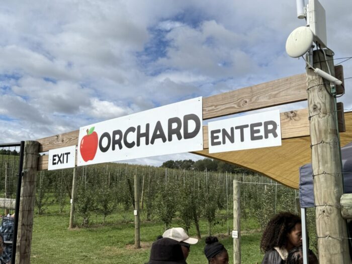 A wooden sign at Gaver Farm reads “EXIT ORCHARD ENTER,” with a red apple graphic replacing the “O” in “ORCHARD.” Several people stand below, with rows of green trees and a mostly cloudy sky in the background.