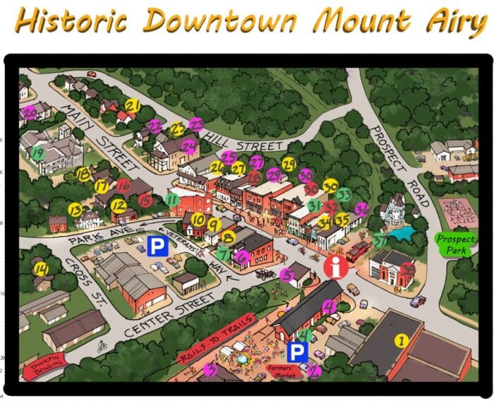 History Downtown Mt Airy Illustrated Map of Historic Downtown Mt Airy Md Featuring Colorful Numbered Markers for Shops and Landmarks Labeled Streets Main Hill Center Cross Park Ave Prospect Blue P Parking Areas Farmers Market and a Green Area Marked Prospect Park