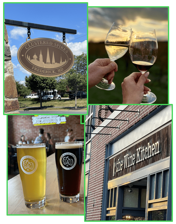a Collage Shows a Clustered Spires Brewery Sign Outdoors Two Hands Clinking White Wine Glasses Two Beersone Pale One Darkon a Bar and the Exterior Signage of the Wine Kitchen an Epicfrederick Partner on a Brick Building