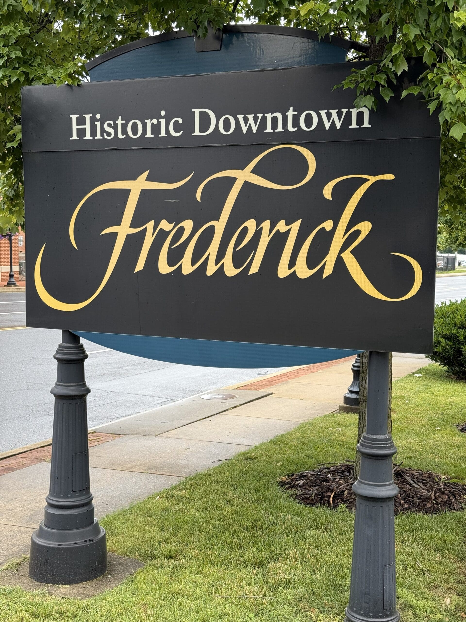 a Large Black Sign with Ornate Yellow Script Reads Historic Downtown Frederick Supported by Two Decorative Posts the Sign is Surrounded by Grass Mulch and Overhanging Green Brancheshighlighting Epicfredericks Dedication to Community Partnership