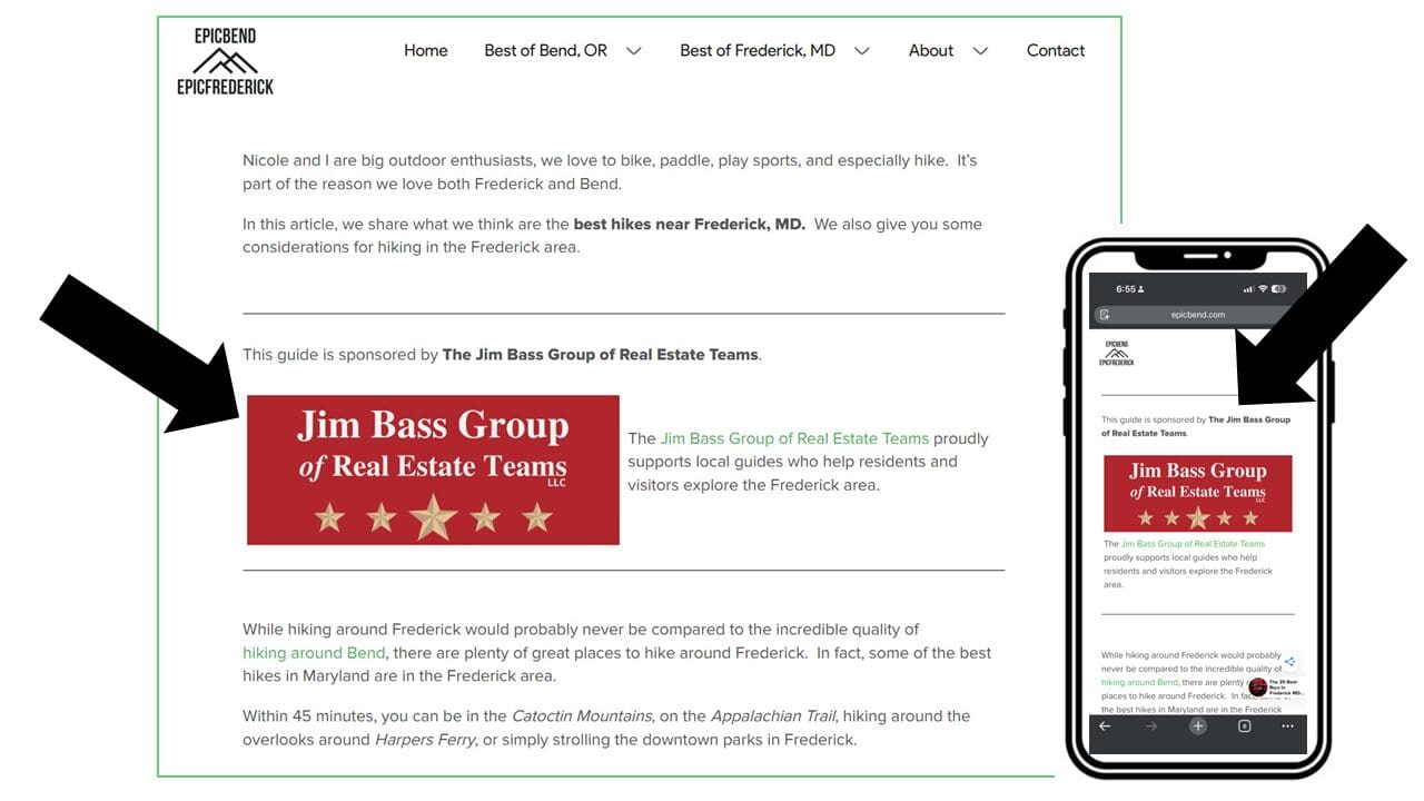 Screenshot of a Website Featuring an Epicfrederick Guide to Hiking in Frederick Md the Page Displays the Jim Bass Group of Real Estate Teams Red and White Ad with Five Gold Stars a Mobile Phone to the Right Shows the Same Site Highlighting This Valued Partnership