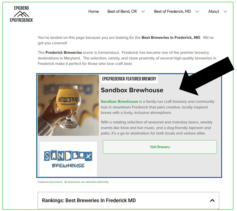 a Website Page Highlights Sandbox Brewhouse As an Epicfrederick Partner Brewery a Black Arrow Points to Its Section Showing a Photo of a Beer Glass and Logo with Text Describing This Family Run Craft Brewery in Downtown Frederick Md a Green Button Says Visit Brewery