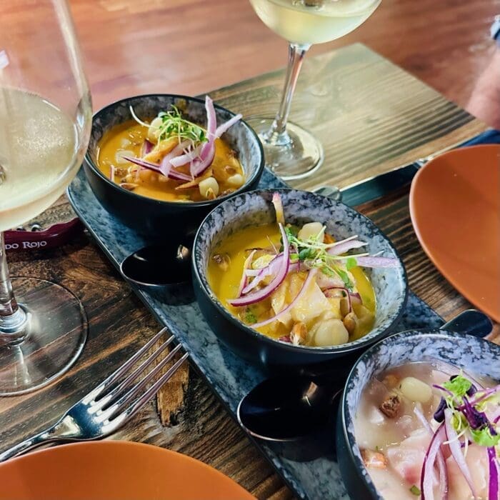 Three bowls of orange soup topped with red onion slices and microgreens on a rustic wooden table, with wine glasses nearby.