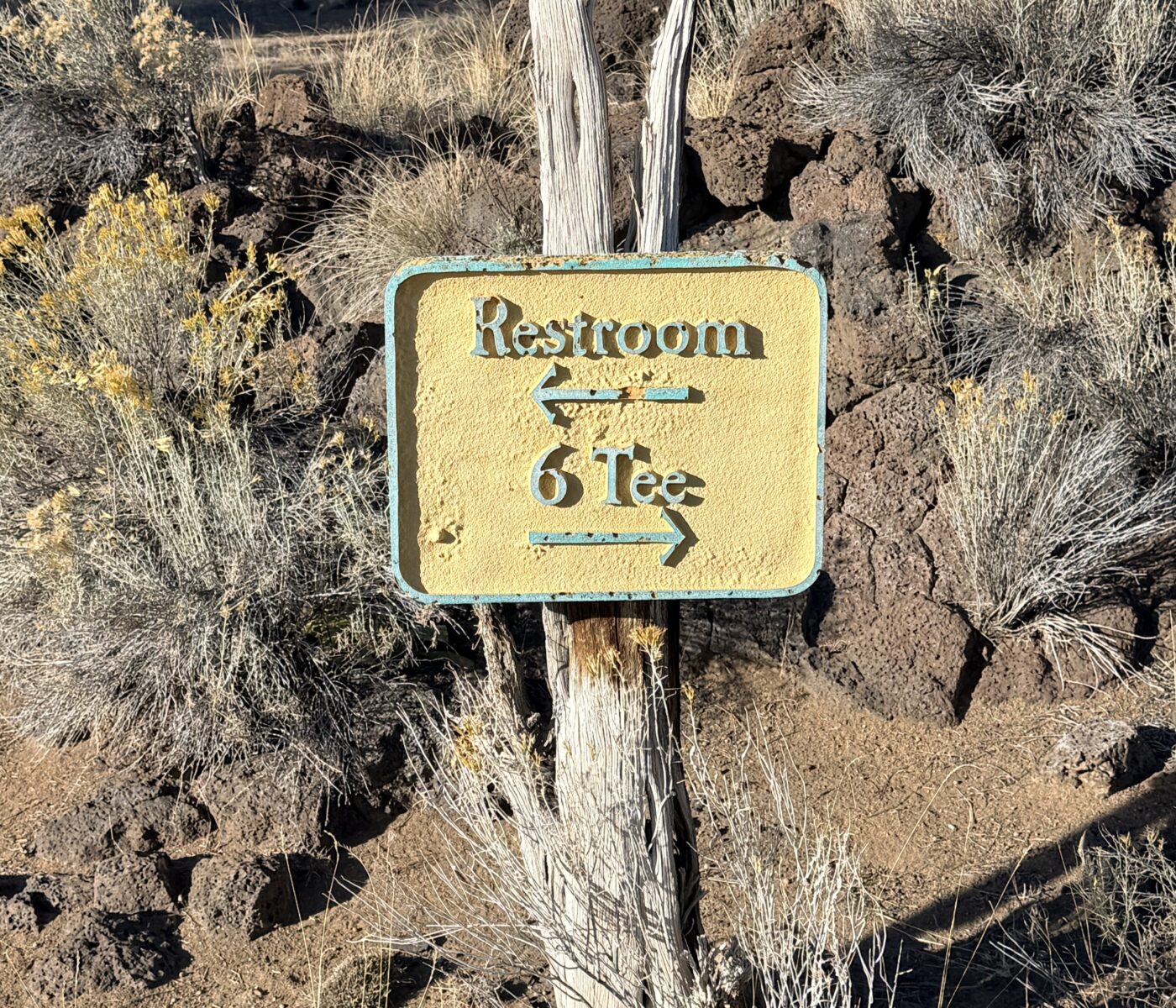 Desert Scene with a Yellow Restroom Sign on a Wooden Post Showing Arrows Left and Right and Text Restroom 6 Tee