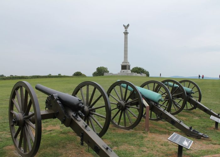 Row of old cannons on a grassy parade ground with a tall monument featuring an eagle statue in the distance