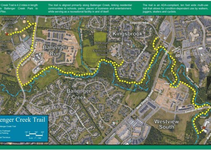 Map showing Ballenger Creek Trail, one of the popular bike trails near Frederick MD. The blue trail runs 4.2 miles through residential areas, parks, and schools; yellow dots mark the path. Landmarks and nearby roads like Ballenger Run and Kingsbrook are labeled.