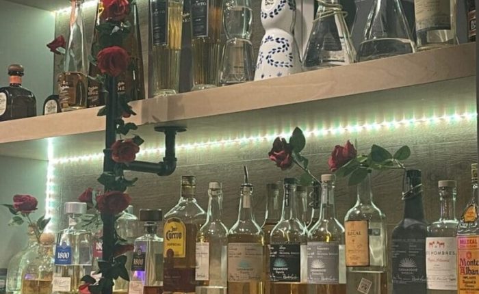 Shelves stocked with assorted liquor bottles, including tequila and whiskey, are illuminated by LED strip lights. Fake red roses and greenery wrap around black metal pipes, creating a decorative atmosphere worthy of the best bars in Frederick.