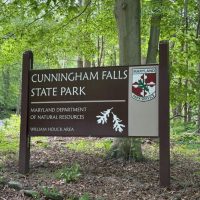Cunningham-falls-state-park-william-houk-area-sign A wooden sign for Cunningham Falls State Park stands in a forested area near Mt Airy, MD. The sign features the Maryland Park Service logo, white oak leaves, and text for the Maryland Department of Natural Resources, William Houck Area. Lush green trees surround it.