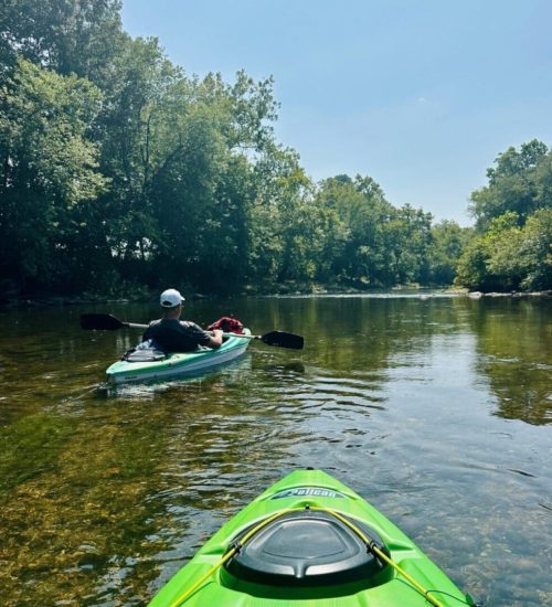 Two people kayak down a calm, shallow river near Mt Airy MD, surrounded by lush green trees under a clear blue sky. The photo is taken from one kayak looking ahead at the other, with sunlight reflecting off the water’s surface.
