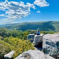 Nicole-Chimney-Rock-Viewpoint-Copy A person sits on a large rock, facing away, overlooking a vast, green forest with rolling hills under a bright blue sky. Sunlight highlights the rocky ledge and lush treetops—an inspiring scene from one of the best hikes around Frederick MD.