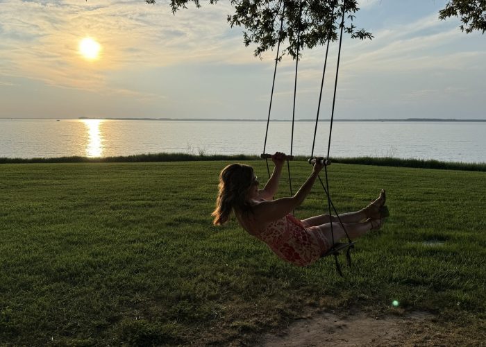 Person on a swing set by a grassy lakeside at sunset, holding onto the ropes with the water and sun in the background, trees overhead.